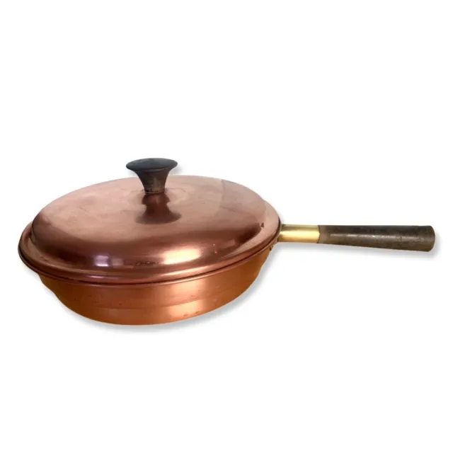 Copper Plated Lidded Saute Pan Made in Portugal Wood Handle Vintage Douro 9.5”
