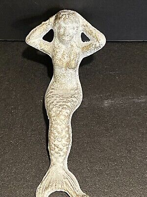 Cast Iron Mermaid Sitting Figurine Whitewashed Shabby Nautical Chic