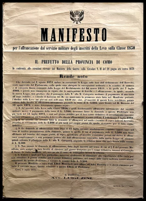 1871 * Manifesto, Poster Originale "MANIFESTO Affrancazione Servizio Militare Co