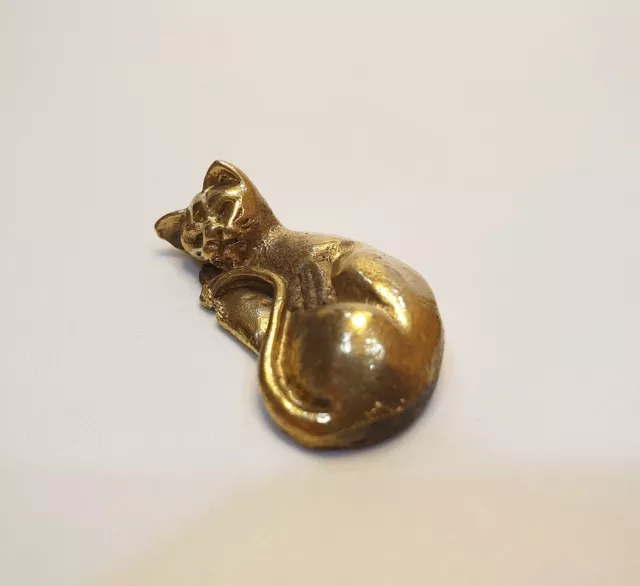 Brass Sleeping CAT FIGURINE Miniature Lucky Charm Vintage Collectible Animal