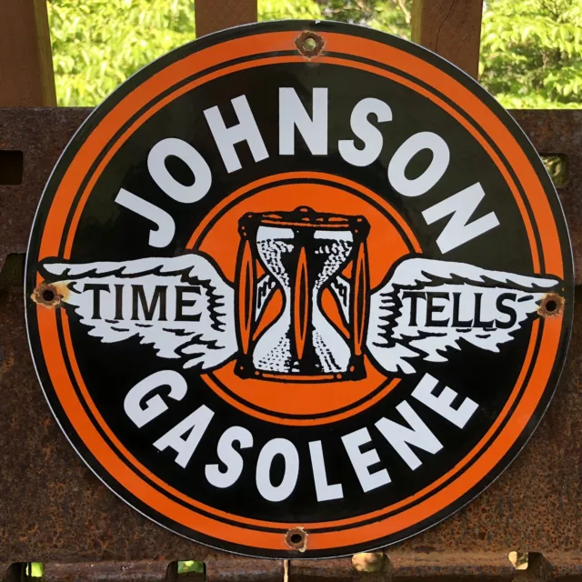 Vintage Johnson "Time Tells" Gasoline Porcelain Sign Gas Station Pump Plate Oil