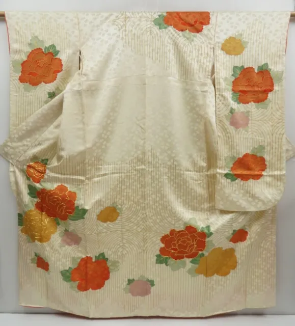 3014T07z1100 Vintage Japanese Kimono Silk FURISODE Peony Off-white