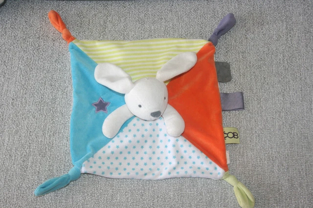 Obaibi Doudou Lapin Plat Orange Bleu Jaune Rayures Etoiles Etat Neuf
