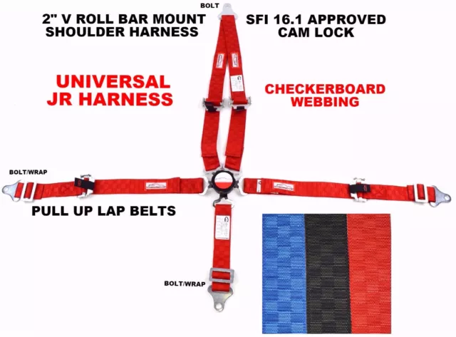 Jr Racing Harness 5 Pt 2" Sfi 16.1 Pull Up Lap Belts Cam Lock Red Checkerboard