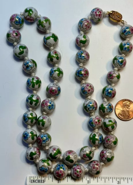 Vtg Chinese Cloisonné Enamel Bead 25” Necklace Lime Green, Pink, 2 Blues Knotted