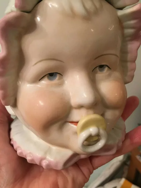 Beautiful glazed antique 19th century original Baby in bonnet tobacco jar