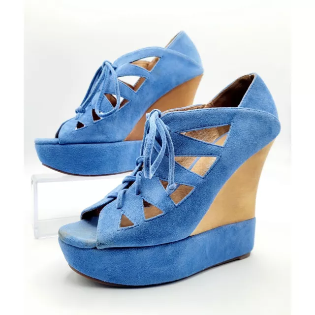 Jeffrey Campbell Blue Suede Harlow Platform Lace Up Wedge Shoes Women's Size 7