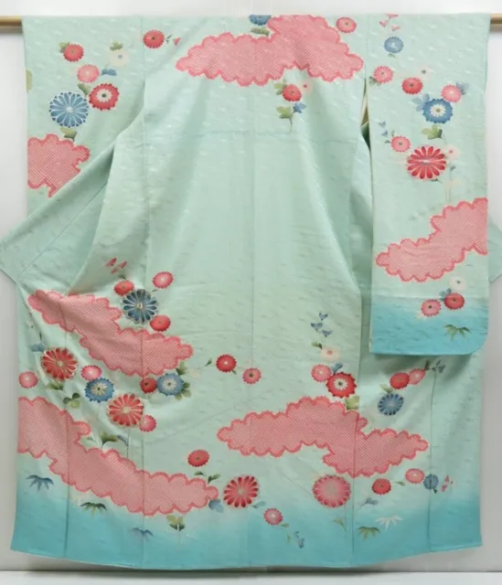 3305T13z850 Vintage Japanese Kimono Silk FURISODE Chrysanthemum Light blue