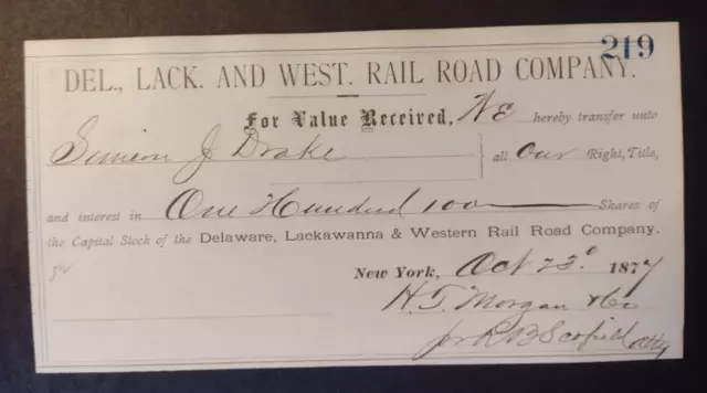 1877 Delaware Lackawanna Western Railroad Capitol Stock Transfer Certificate 219