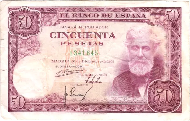 Billete de 50 Pesetas de 1951 ( Santiago Rusiñol ) Sin Serie ( bonito )