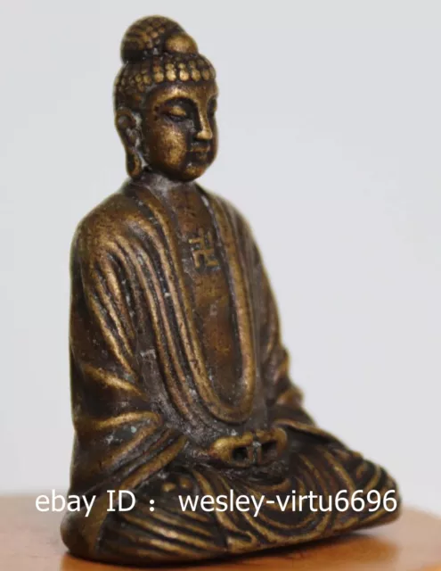 Tibet Buddhism Old Copper Bronze Amitayus Sakyamuni Buddha Small Art Statue 3