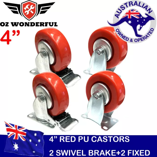 4X 4" 100mm PU 2 Brake 2 FIX Castor Wheels Trolley Furniture Heavy Duty