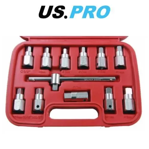 US PRO 12pc Drain Plug Key Socket Set Axle Oil Sump Spanner 3/8" Drive 3096