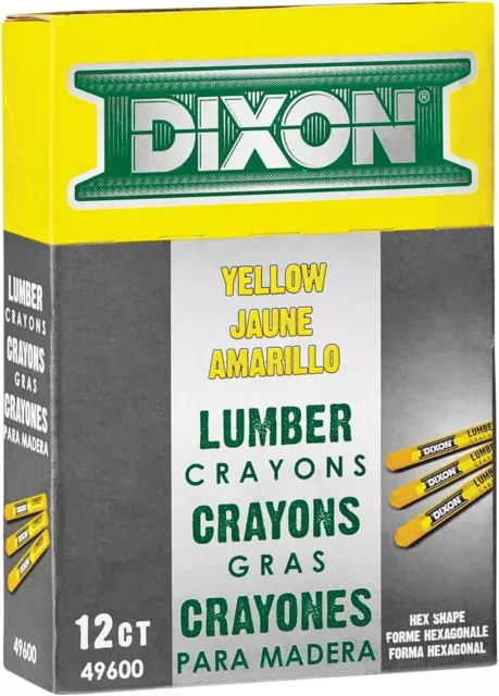 DIXON Industrial Lumber Marking Crayons, 4.5" x 1/2" Hex, Yellow, 12-Pack (49600