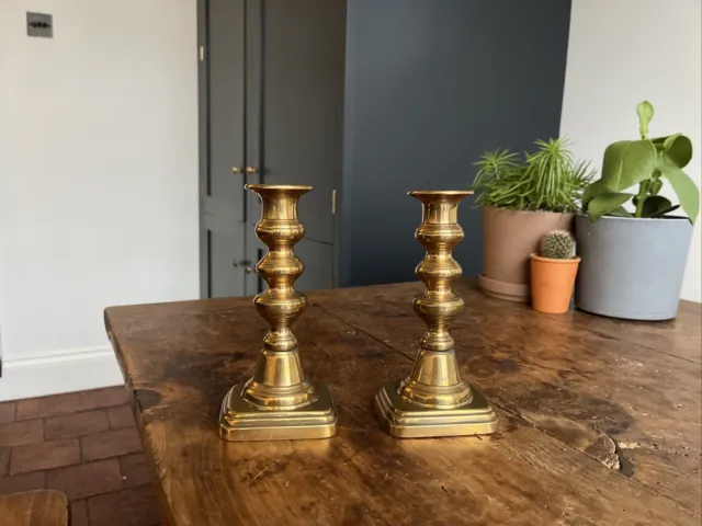 Pair Brass Candle Stick  Vintage Antique 17cm Tall Victorian - Holders Patina