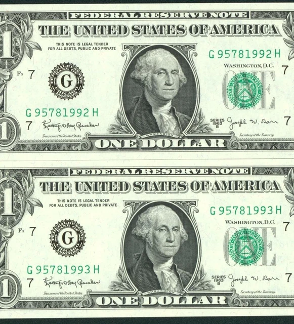 ((TWO CONSECUTIVE)) $1 1963 B ((CHOICE CU)) (JOSEPH BARR) Federal Reserve Note