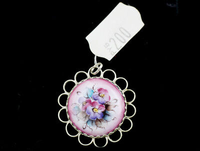 Vintage Russian Sterling Silver Floral Hand Painted Finift Pendant