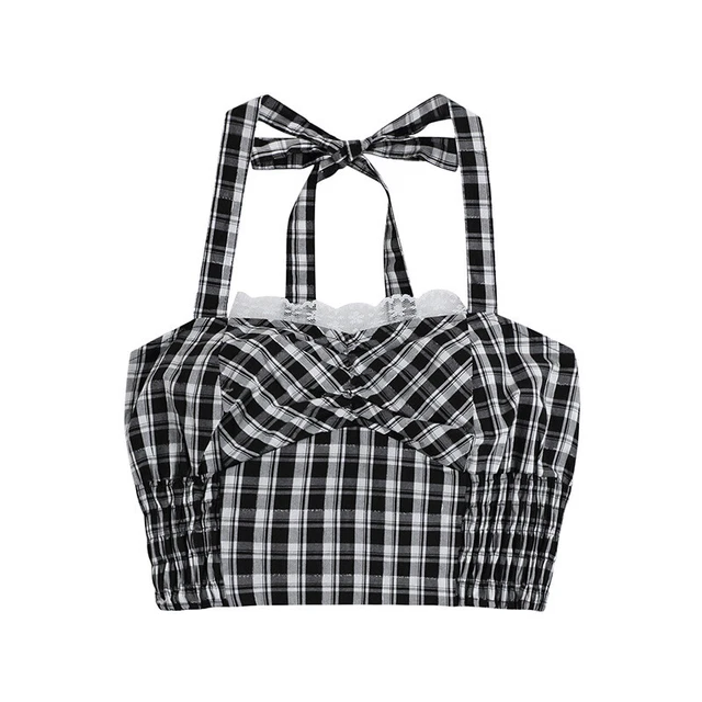 Donna Quadretti Canotta Top Corto senza Maniche Maglia Sexy Gotico Punk