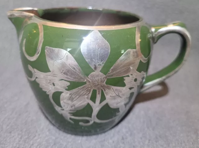 Antique Vintage Green Pottery Sterling Silver Overlay Pitcher Creamer Cambridge