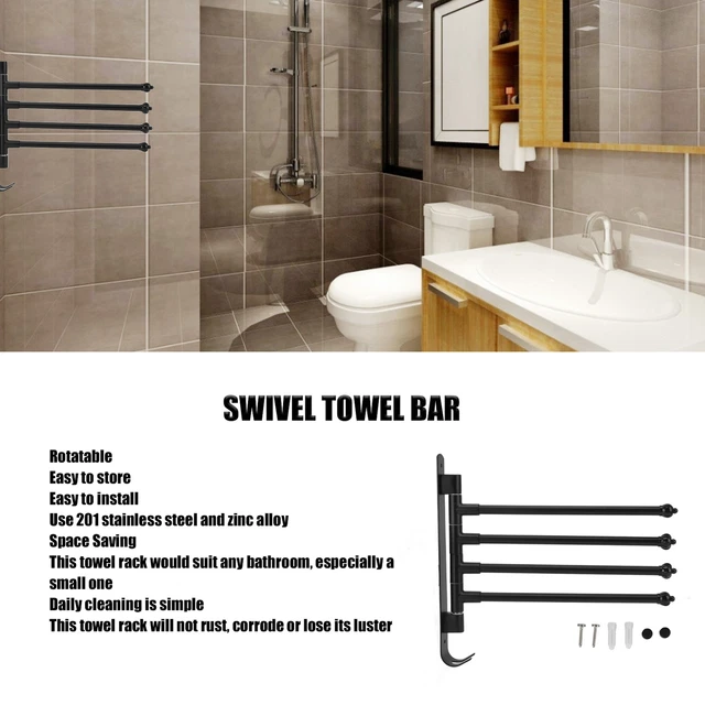 (4 Arms)Stainless Steel Swivel Towel Hanger Holder Black Rotating Movable EY