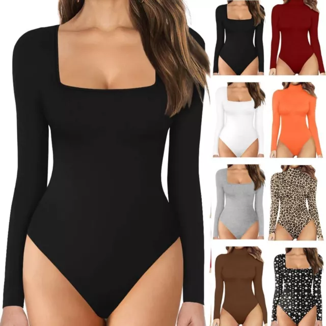 AU Womens Long Sleeve Bodysuit Leotard Bodycon Crew Neck Bodysuit Jumpsuits Tops