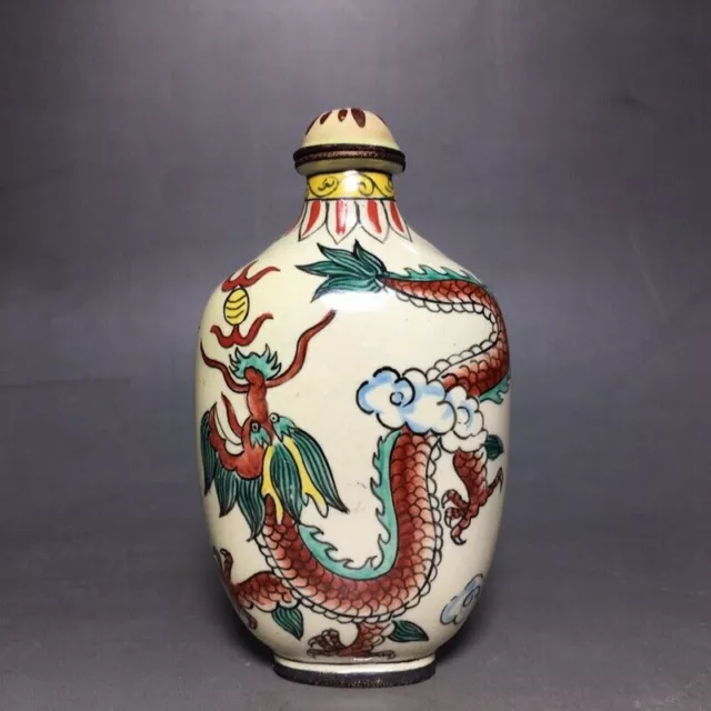 Chinese Old copper Cloisonne enamel Hand Painted Dragon phoenix snuff bottle Qia