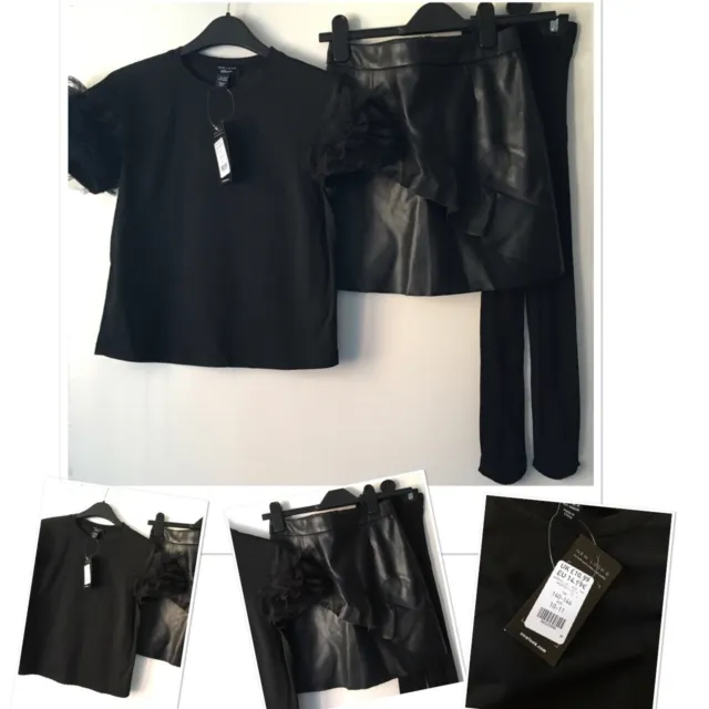 New look new girls puff sleeve top & Prk exc faux leather skirt new tights 10-11