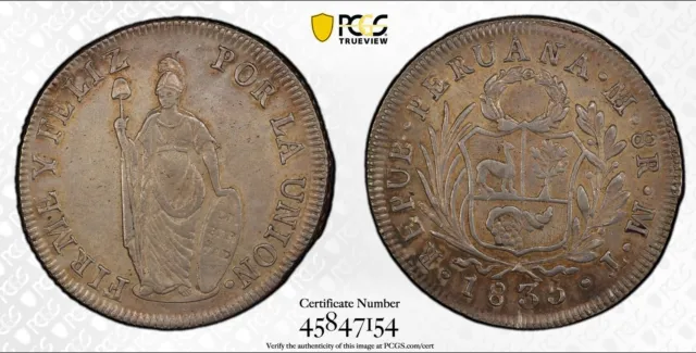 1835 Lima MT Peru 90.3% Silver 8 Reales PCGS AU-53 Only 1 graded higher