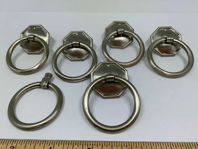 Poignées d'armoire de tiroir vintage anneau tirage lot de 5+ original acier brossé argent 2