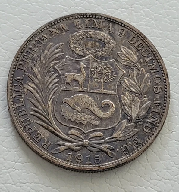 1915 Republica Peruana Lima 9 Decimos Fino F.G. Silver Coin Nice, Natural Patina