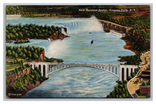 Niagara Falls NY New York New Rainbow Bridge Aerial View Unposted Linen Postcard