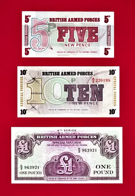 1 POUND 1962 + 5 Pence & 10 Pence 1972 BRITISH ARMED FORCES (BAF) MILITARY NOTES