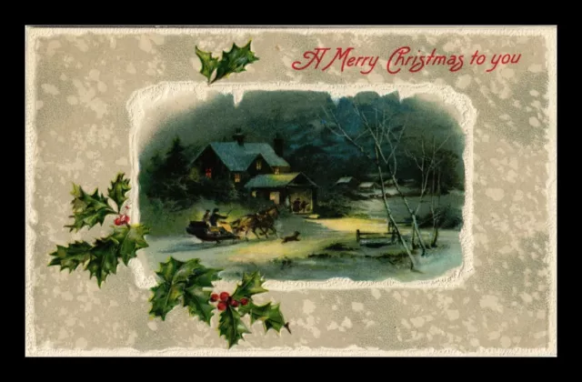 Dr Jim Stamps Postcard Merry Christmas Horse Sleigh Winter Home Embossed Border