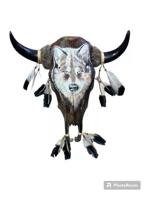 Real Hand Painted Cow Skull  ,Southwest ,Signed ,Skull , Wolf , 18.5" X 18"