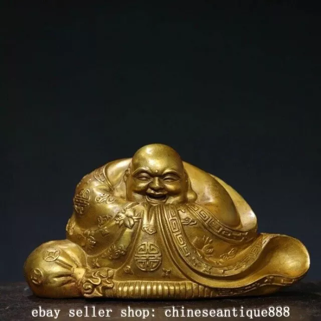 7" Old Tibetan Buddhism Bronze Gilt Happy Laugh Maitreya Buddha Statue