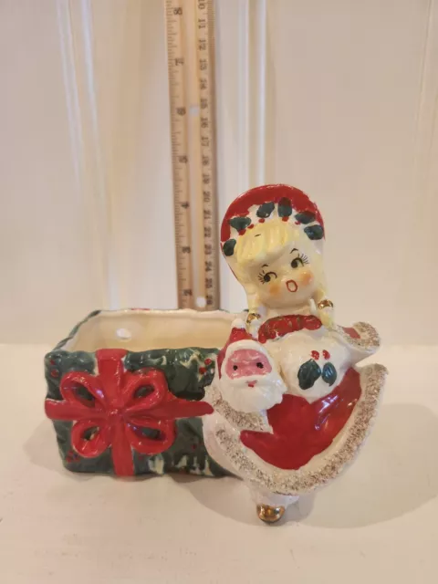 Vintage Lefton Ceramic Christmas Girl with Santa Head Planter