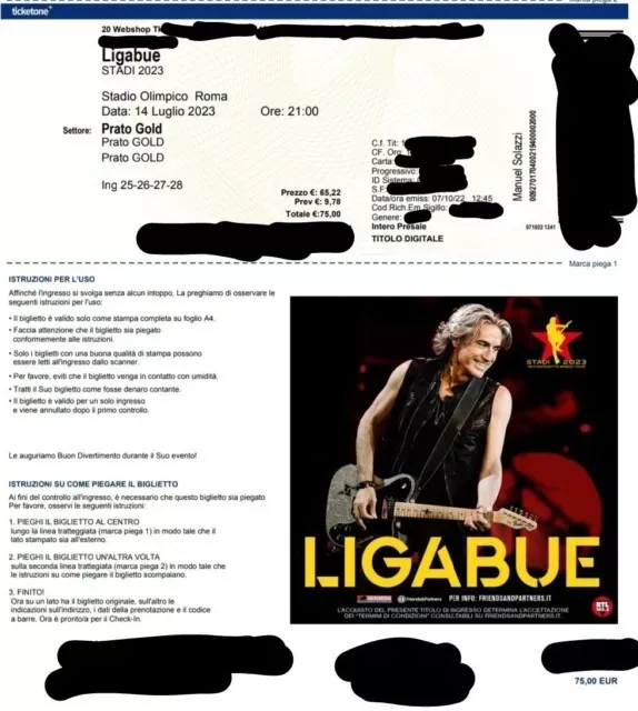Vendo due biglietti Prato Gold concerto Ligabue a Roma 14 luglio