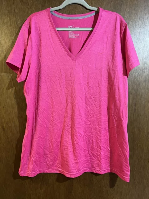 Nike Dri Fit Shirt Womens Fuchsia Pink Short Sleeve V-Neck Athletic Cut Size XXL