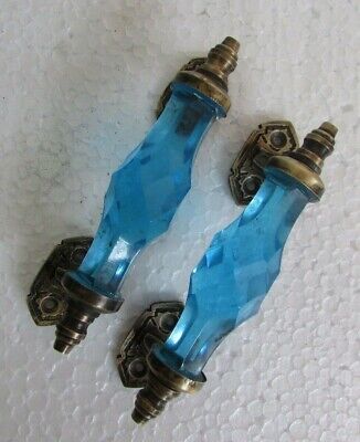 2 Pc Vintage Style Brass Soft Blue Cut Glass Victorian Engraved Door Handle