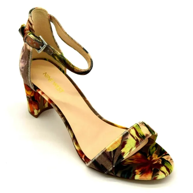 Nine West Womens Pruce Sandal Sz 8.5M Taupe Floral Chunky Heel Ankle Strap NEW