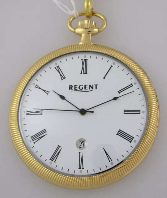 Flat Regent P-565 Pocket Watch+Chain Mineral Glass Quartz 48 MM