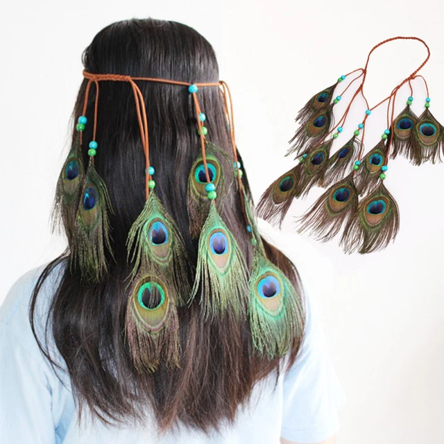 Boho Women Headband Hippie Peacock Feather Headdress Hairband Headpiece Hair