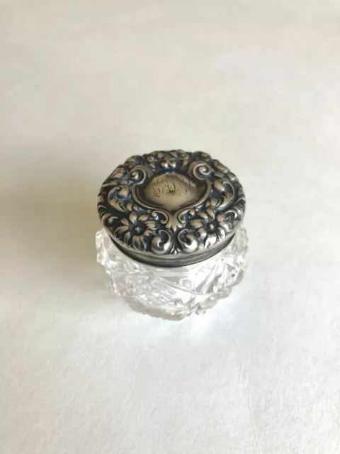 Vintage La Pierre Small Cut Glass Vanity Jar Sterling Silver Repousse Mono Lid