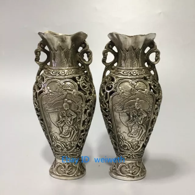 Collection A Pair Old Tibet Silver Handwork Carved beauty Hollow Vases