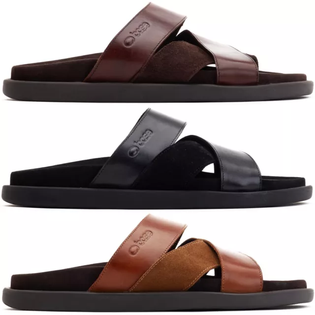 BASE LONDON MENS Sandals Ponza Leather Slides Cross Strap Soft Flip ...