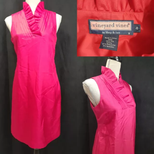 Vineyard Vines 4 Pink Fuchsia Silk Dress Ruffle Barbie Pleat Party Summer Resort