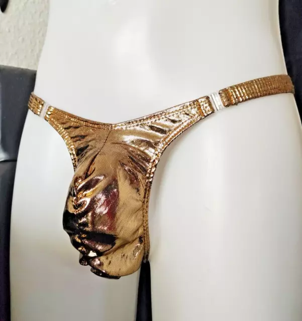 Bellissimo e sexy! Intimo perizoma uomo oro metallizzato effetto lucido fascia morbida taglia unica