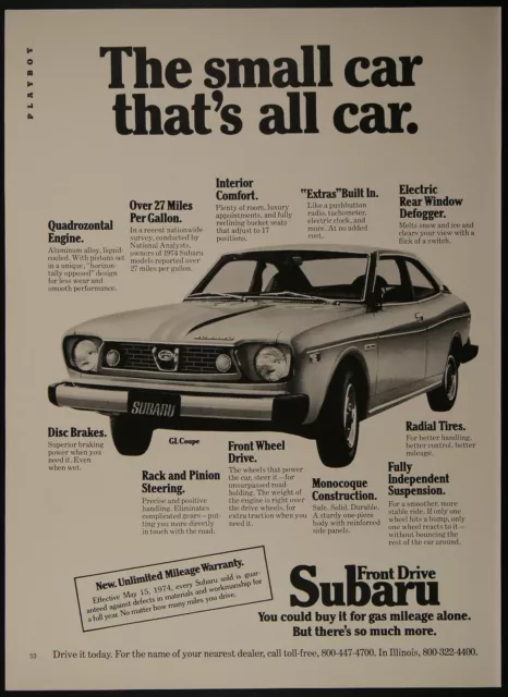 Subaru GL Coupe Front Drive Small Car Vintage Print Ad 1974