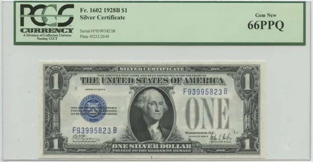 1928B $1 Silver Certificate FR#1602 PCGS 66 Gem New PPQ