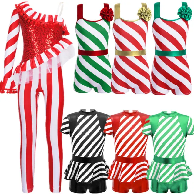 Kids Girls Candy Cane Christmas Dance Costume Sequins Striped Jumpsuit Dancewear